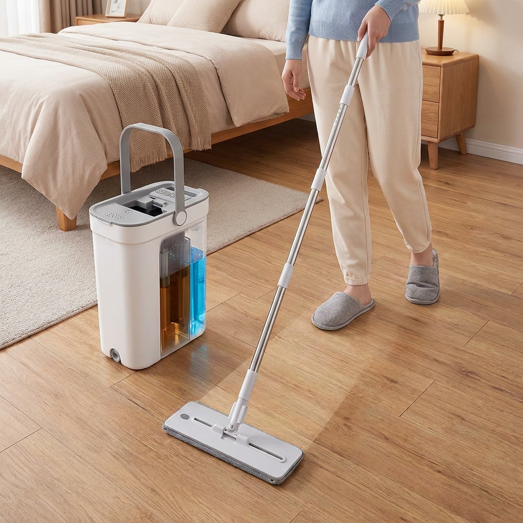 Flat Mop and Bucket Set with Water Separation, 4 Microfiber Pads, 10.2 x 6.7 x 14.2 Inches, White