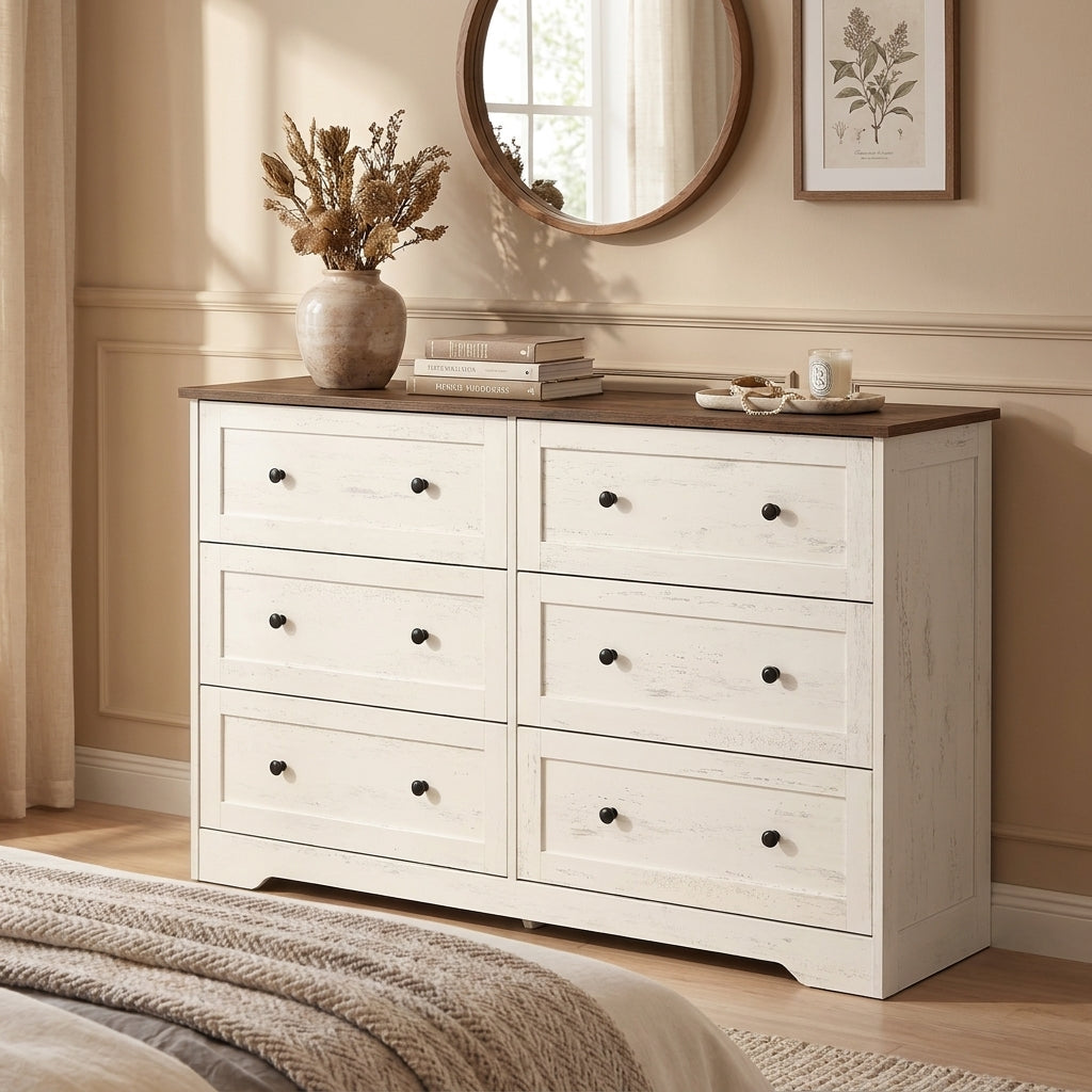 6-Drawer Dresser, Traditional basic Chest of Drawers for Bedroom, 47.2 x 15.7 x 30.7 inches, White