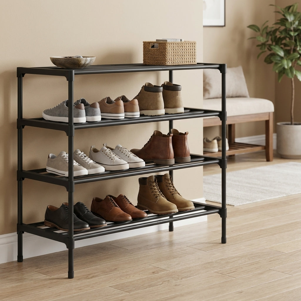 4-Tier Compact Metal Shoe Rack, Stackable Organizer for Entryway Closet, 24.5" Wide, Holds Sneakers & Heels, Black