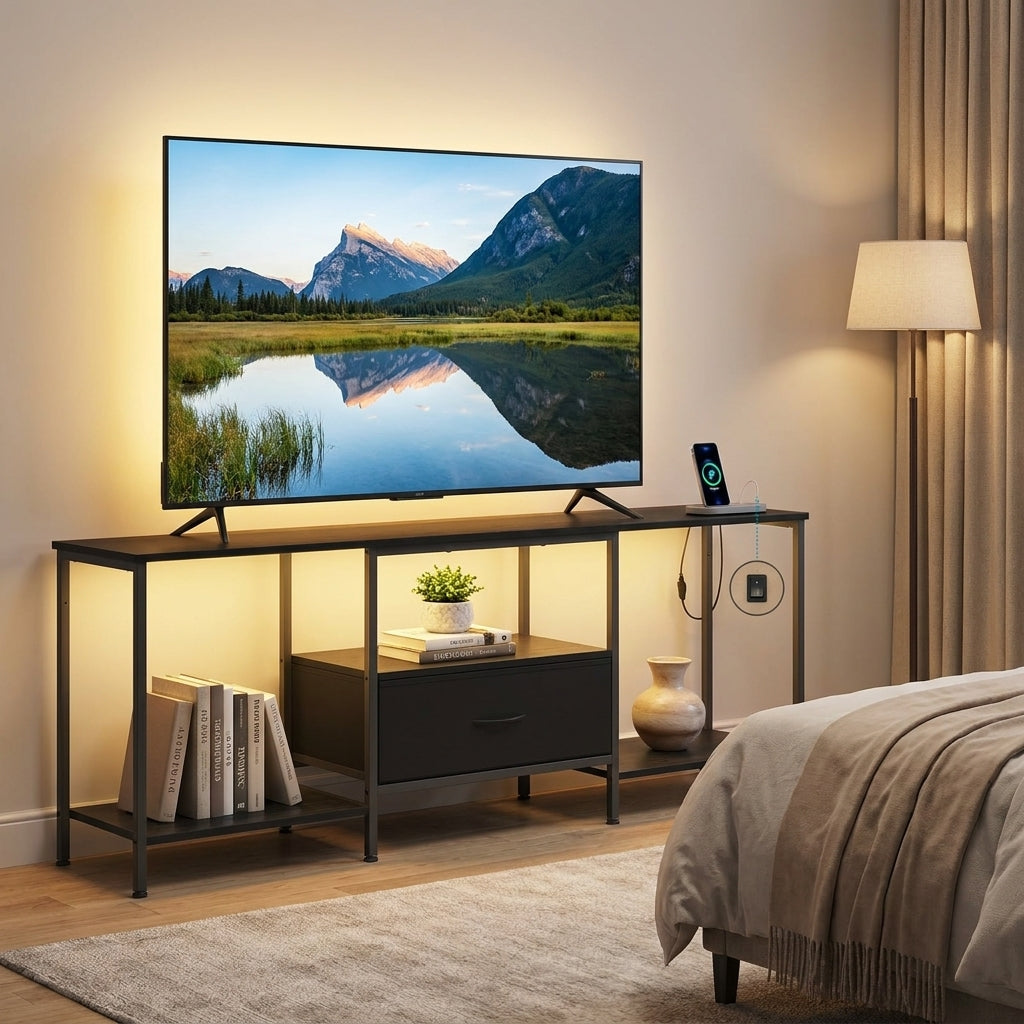 TV Stand with LED Lights and Power Outlets, Entertainment Center with Drawer, 61.8 x 13.8 x 23.6 inches, Black