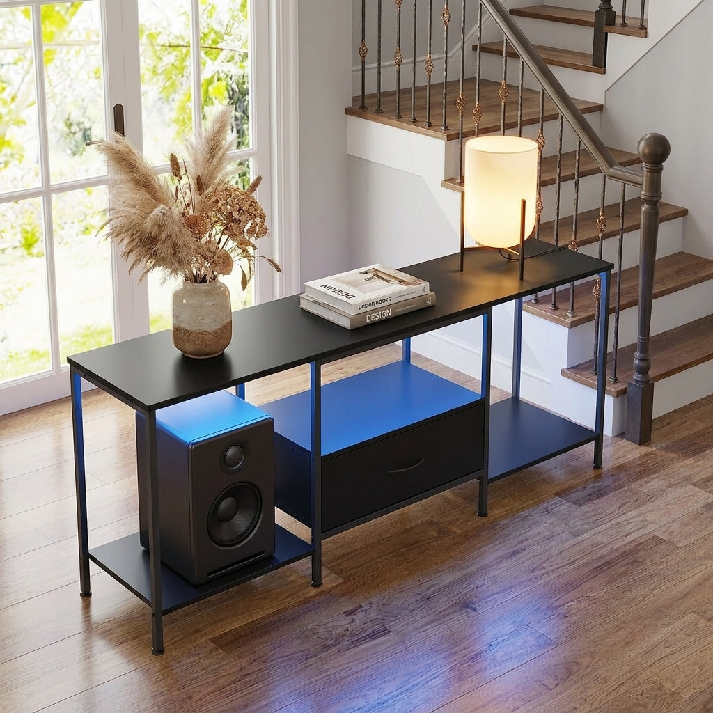 TV Stand with LED Lights and Power Outlets, Entertainment Center with Drawer, 61.8 x 13.8 x 23.6 inches, Black