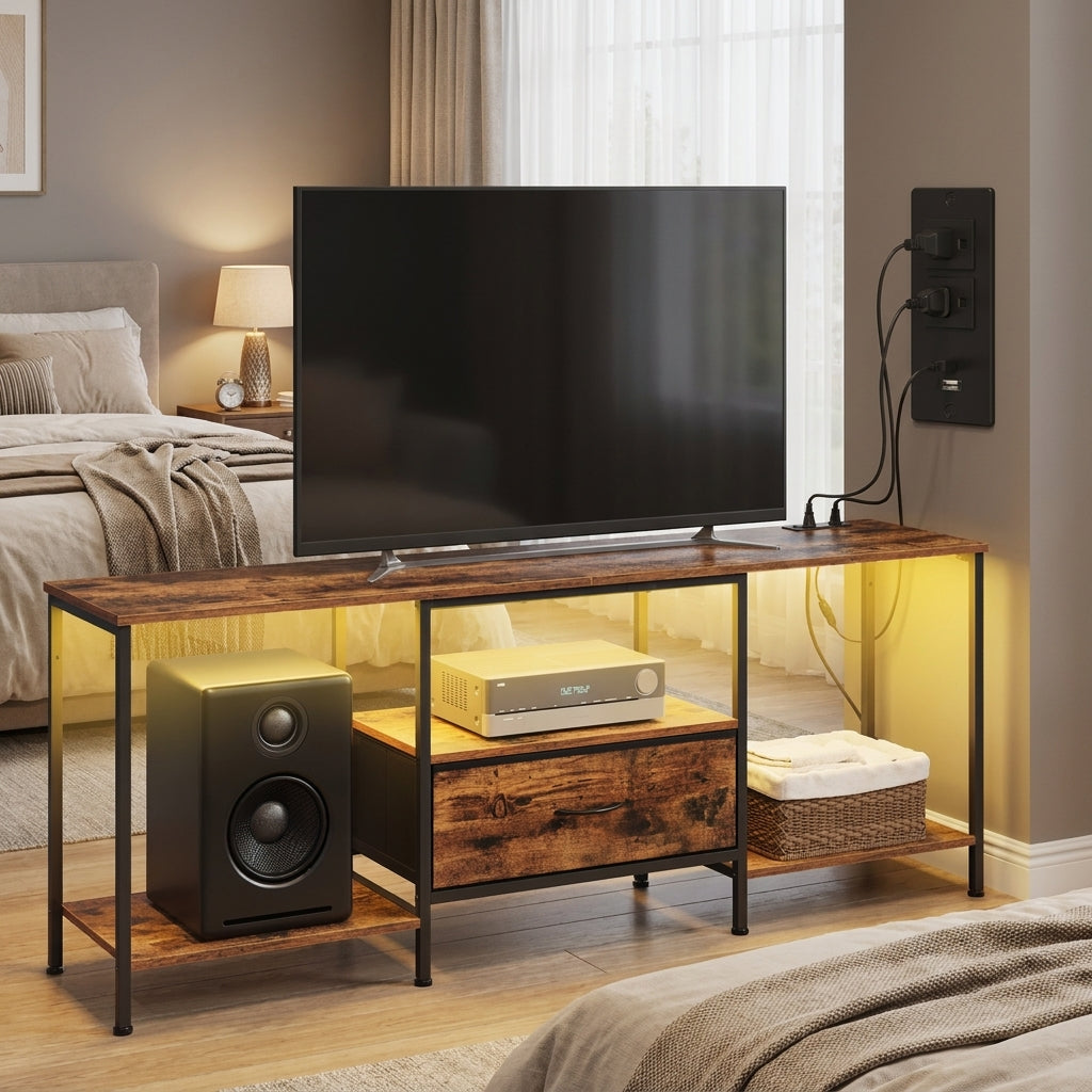 TV Stand with LED Lights and Power Outlets, Entertainment Center with Drawer, 61.8 x 13.8 x 23.6 inches, Tan