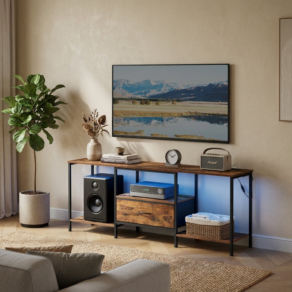 TV Stand with LED Lights and Power Outlets, Entertainment Center with Drawer, 61.8 x 13.8 x 23.6 inches, Tan