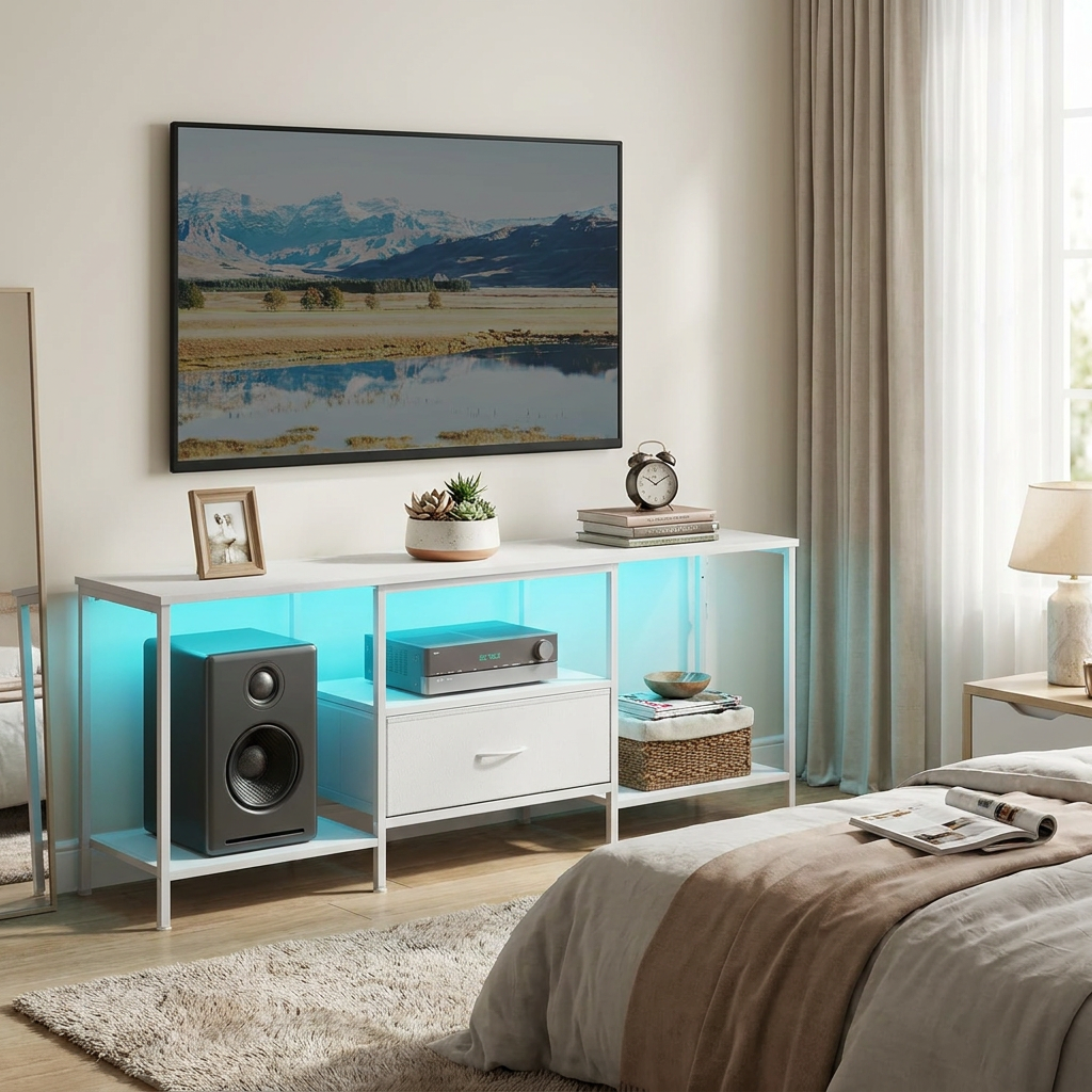 TV Stand with LED Lights and Power Outlets, Entertainment Center with Drawer, 61.8 x 13.8 x 23.6 inches, White
