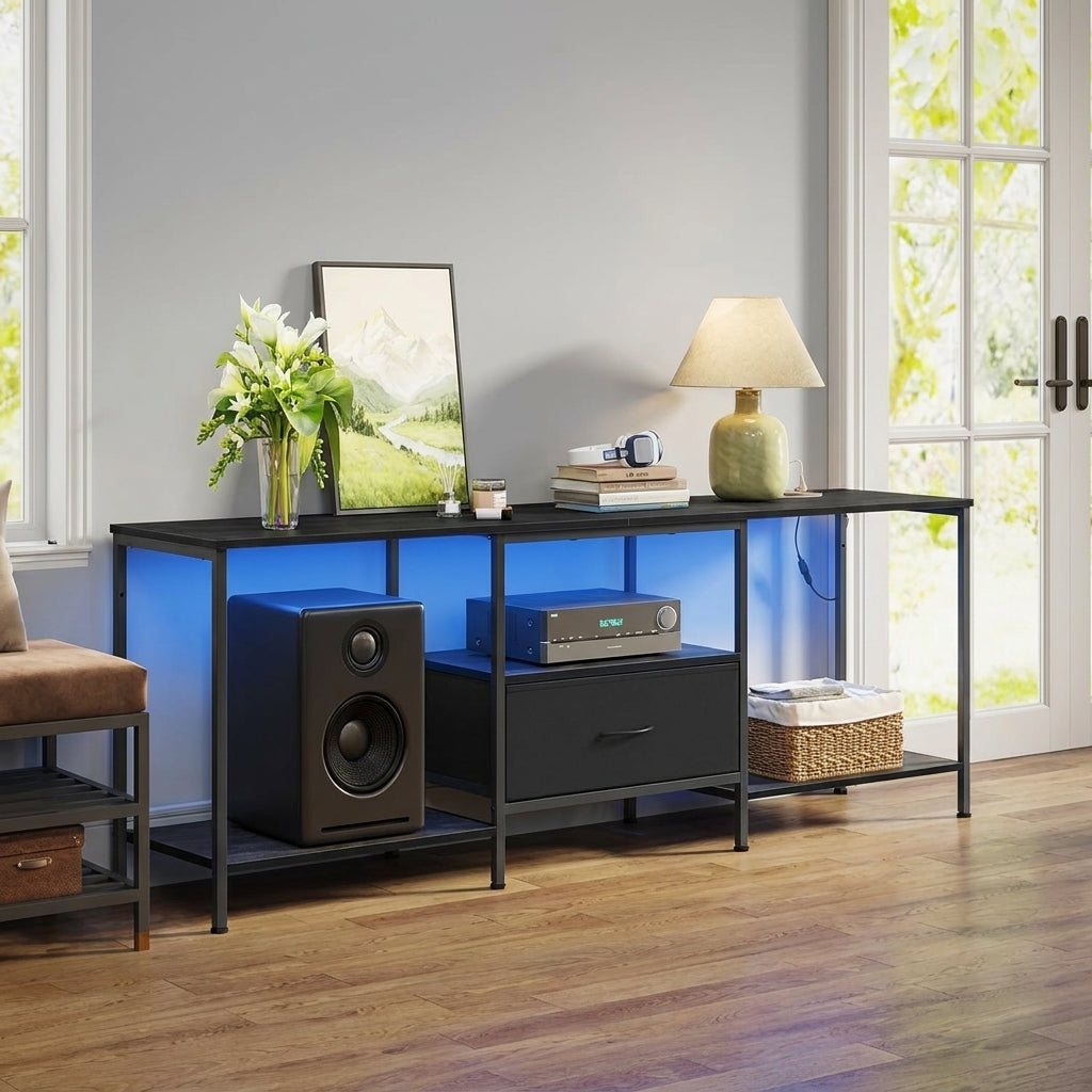 TV Stand with LED Lights and Power Outlets, Entertainment Center with Drawer, 70.5 x 13.8 x 23.6 inches, Black