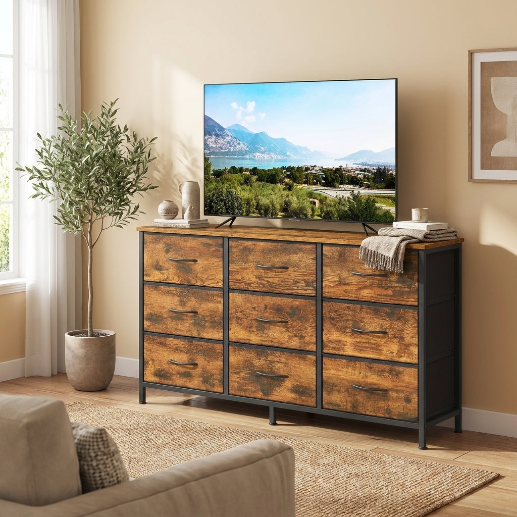 9-Drawer Dresser, TV Stand, Modern basic Chest of Drawers, 44.8 x 11.8 x 26.8 Inches, Tan