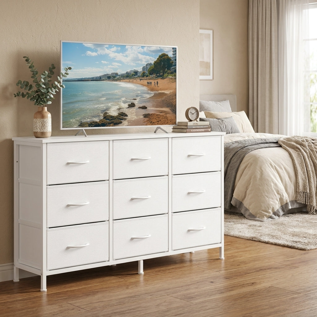 9-Drawer Dresser, TV Stand, Modern basic Chest of Drawers, 44.8 x 11.8 x 26.8 Inches, White