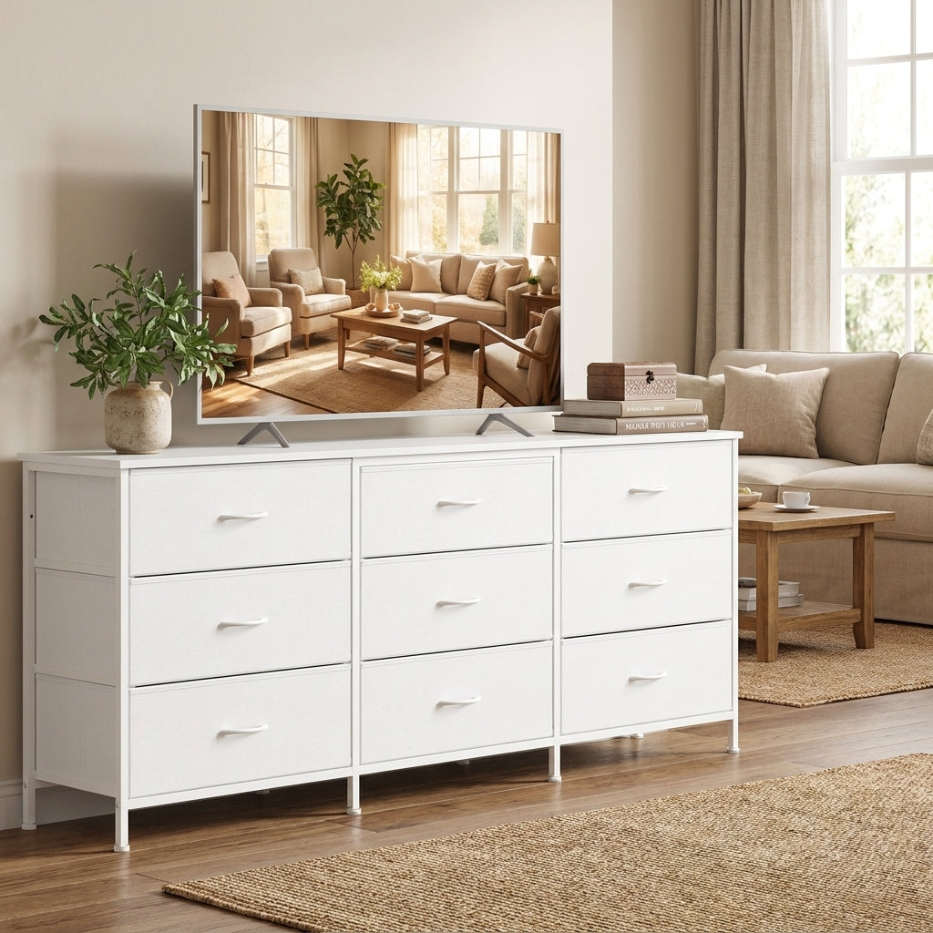 9-Drawer Dresser, TV Stand, Modern basic Chest of Drawers, 68.4 x 13.8 x 26.8 Inches, White