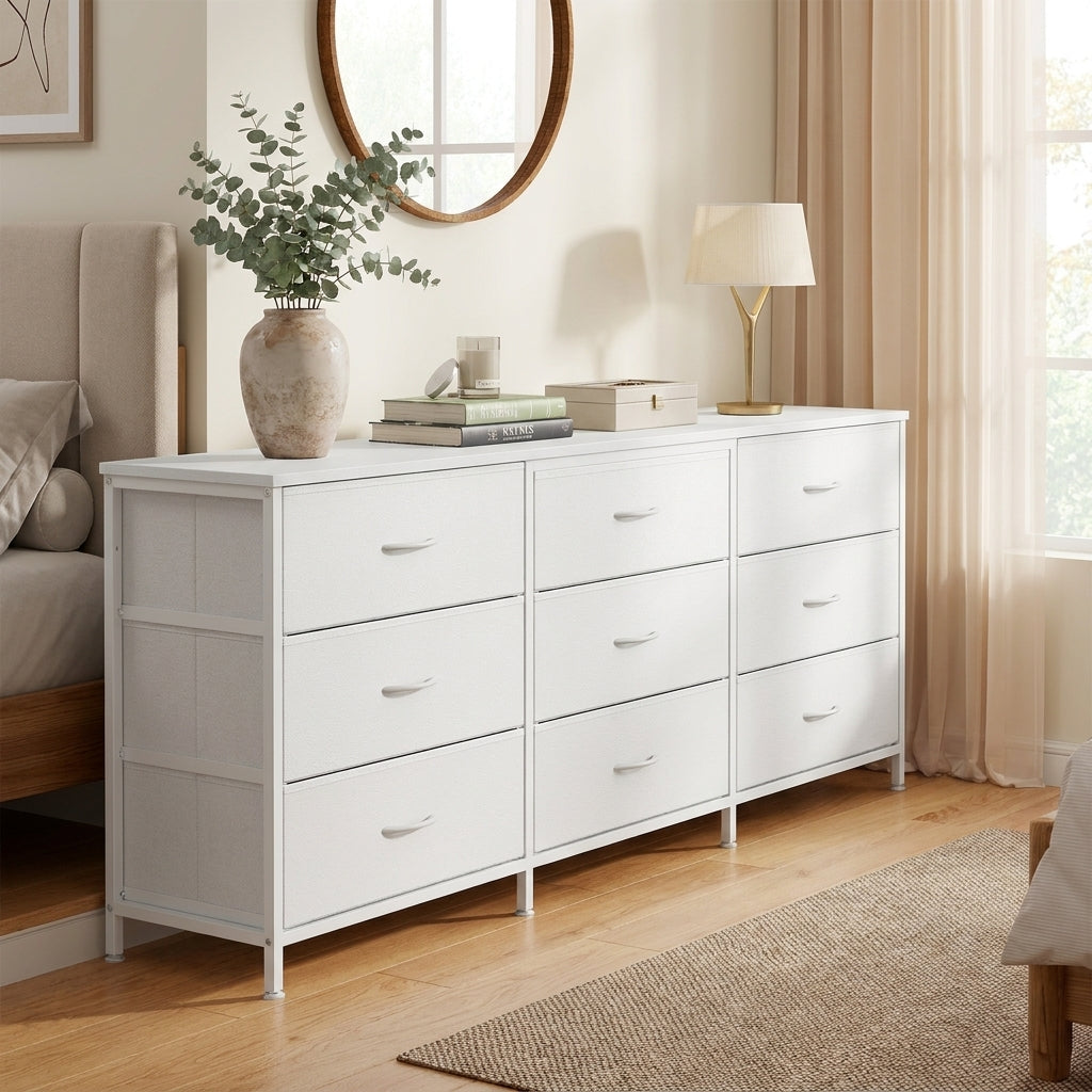 9-Drawer Dresser, TV Stand, Modern basic Chest of Drawers, 68.4 x 13.8 x 26.8 Inches, White