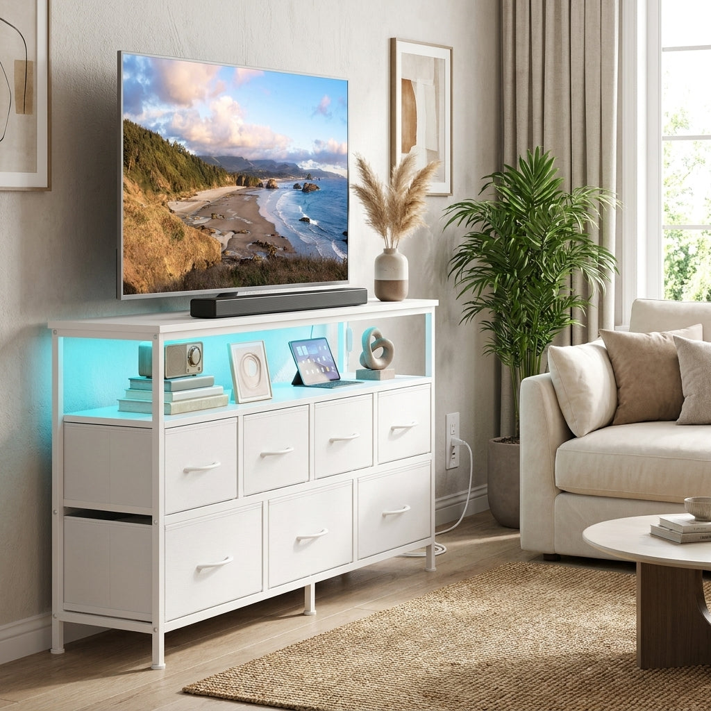 Dresser with Charging Station and LED Lights, 7 Drawers Storage Cabinet, 44.8 x 11.8 x 26.8 inches, White