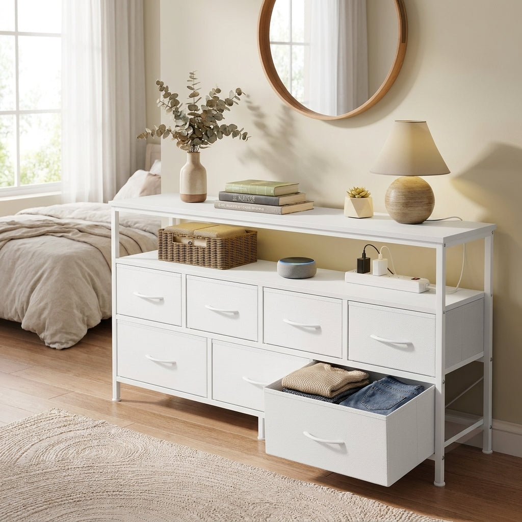 Dresser with Charging Station and LED Lights, 7 Drawers Storage Cabinet, 44.8 x 11.8 x 26.8 inches, White