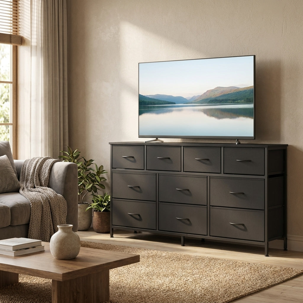 10-Drawer Dresser with Steel Frame, TV Stand for 65" Screens, Storage Chest for Bedroom Living Room, Ink Black