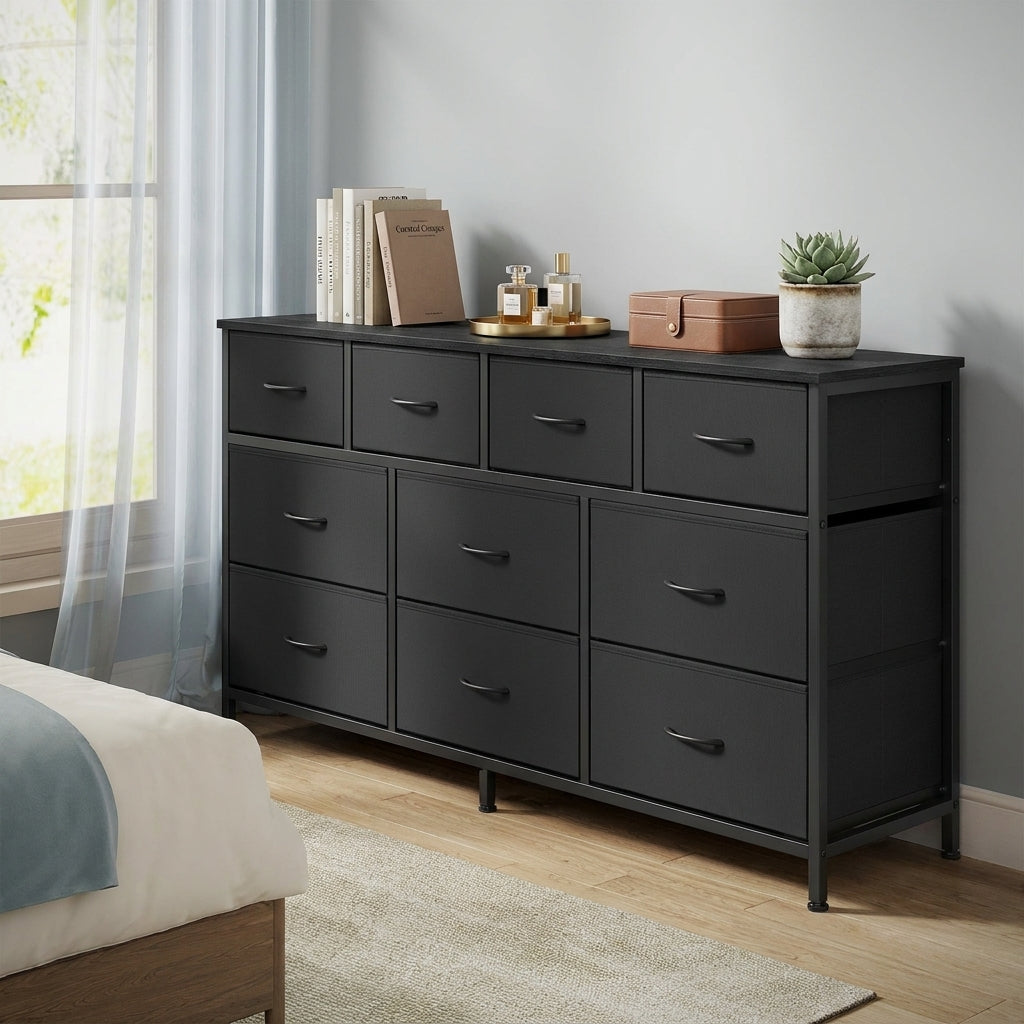 10-Drawer Dresser with Steel Frame, TV Stand for 65" Screens, Storage Chest for Bedroom Living Room, Ink Black