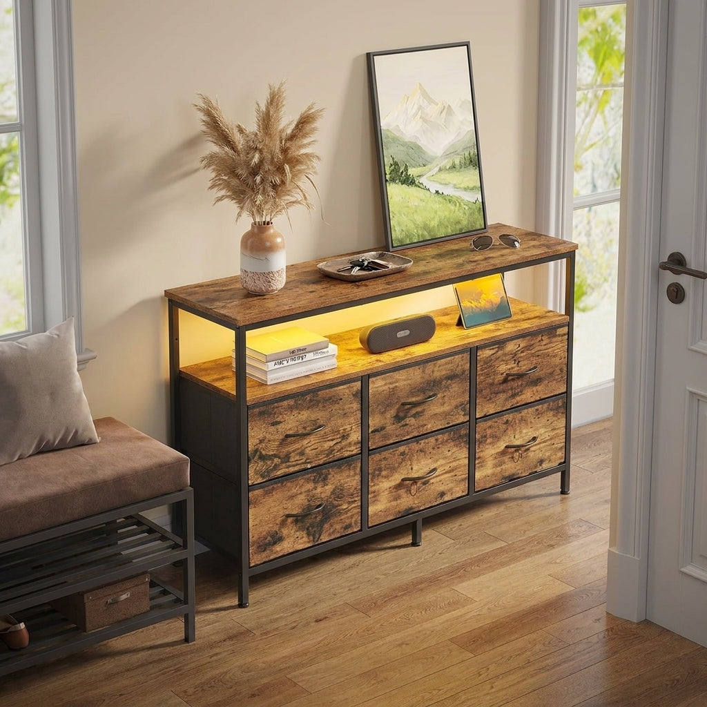 6-Drawer Dresser with LED Lights & Charging, TV Stand for 55" Screens, Storage Chest for Bedroom, Rustic Brown