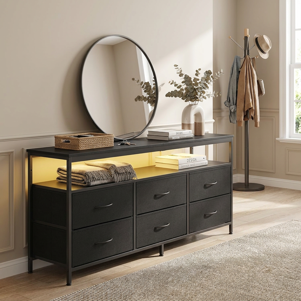 6-Drawer Dresser with LED Lights & Charging, TV Stand for 65" Screens, Storage Chest for Bedroom, Ink Black