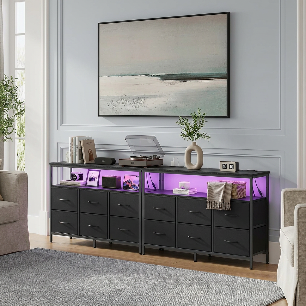 6-Drawer Dresser with LED Lights & Charging, TV Stand for 65" Screens, Storage Chest for Bedroom, Ink Black
