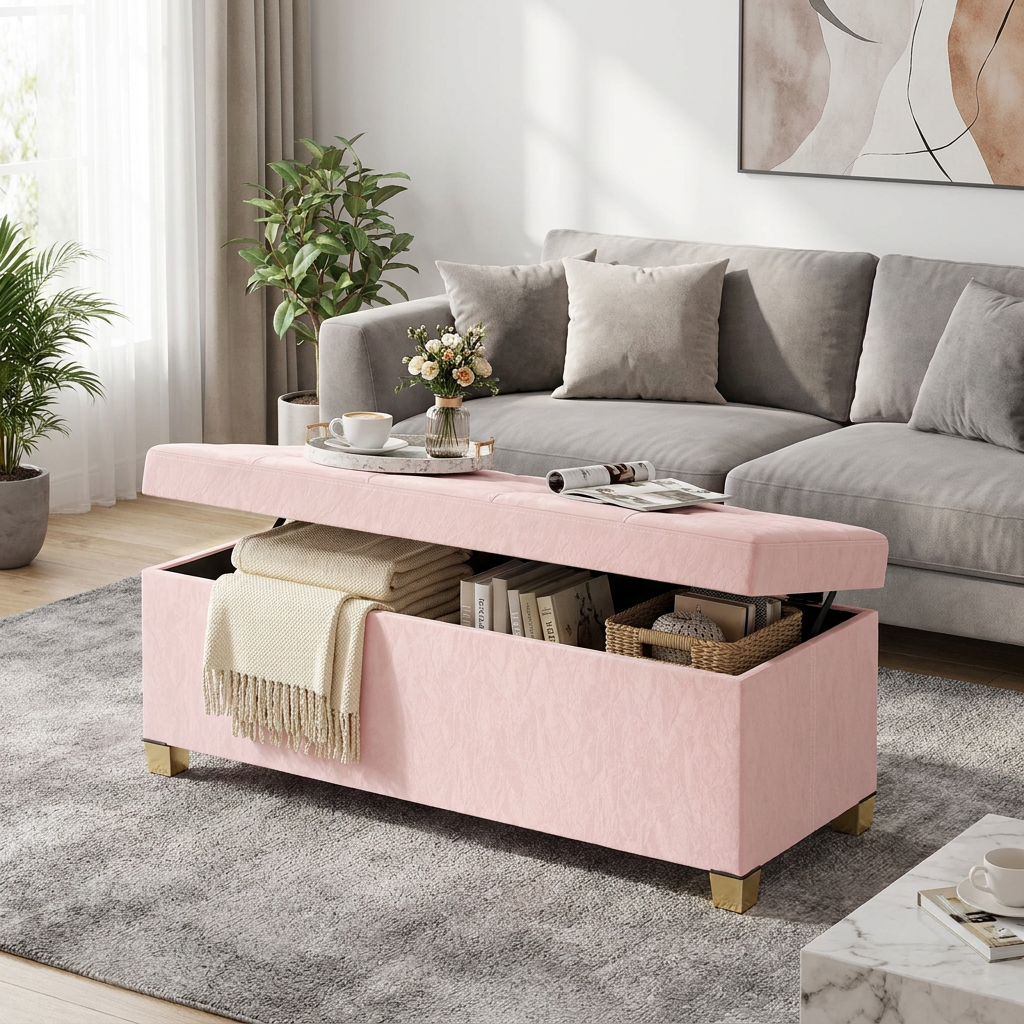 Storage Ottoman Bench, Sturdy Foldable PU Leather Footrest with Padded Seat, 43.3 x 15 x 15.7 Inches, Pink