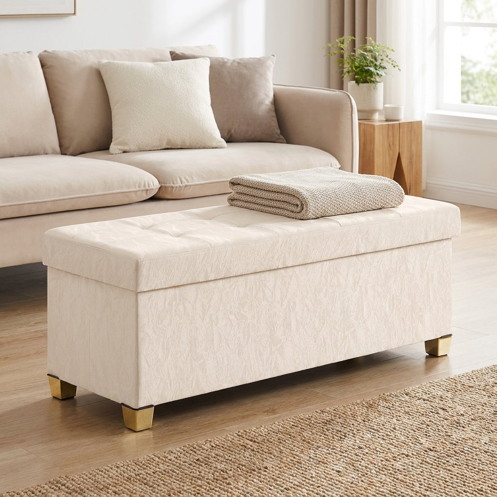 Storage Ottoman Bench, Sturdy Foldable PU Leather Footrest with Padded Seat, 43.3 x 15 x 15.7 Inches, White