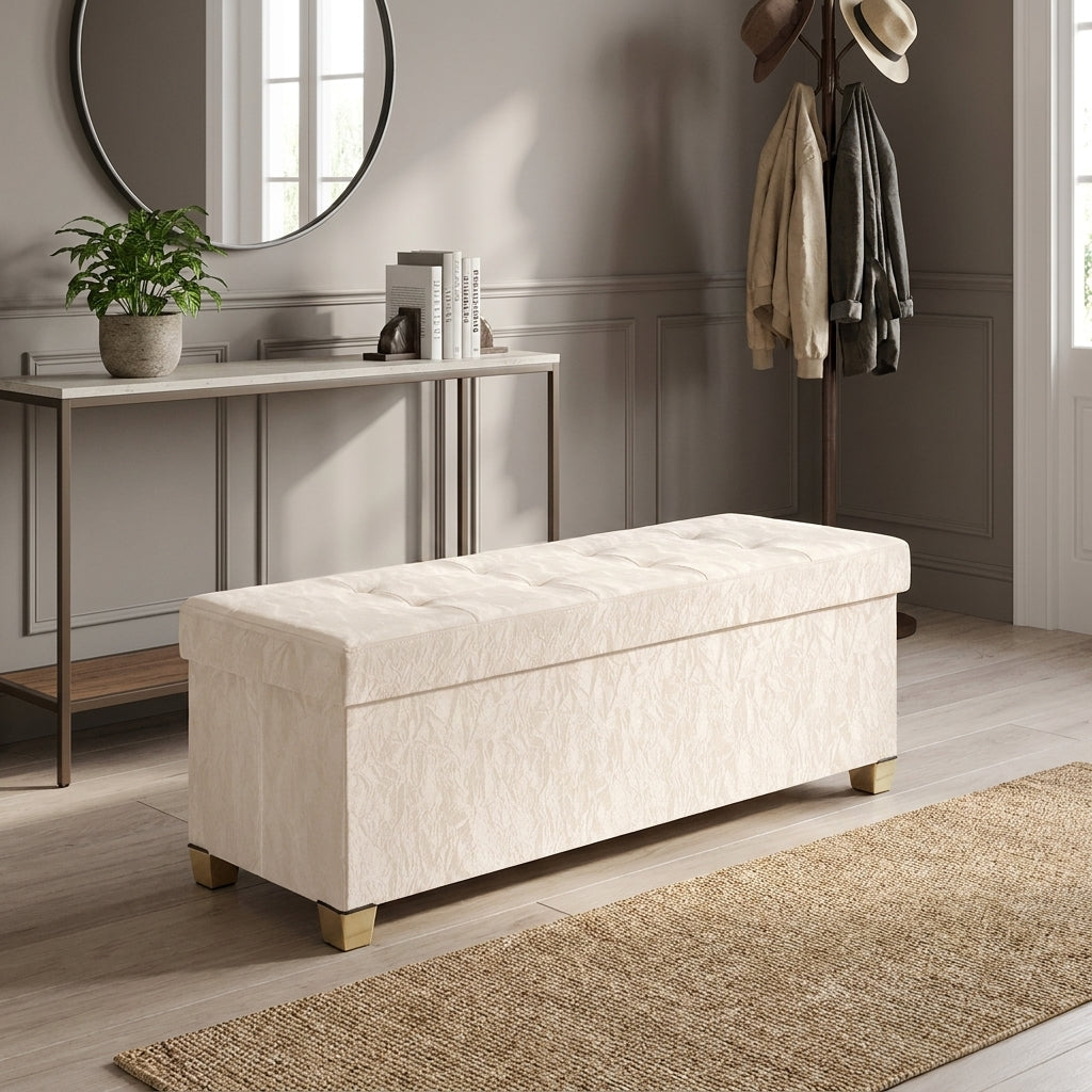Storage Ottoman Bench, Sturdy Foldable PU Leather Footrest with Padded Seat, 43.3 x 15 x 15.7 Inches, White
