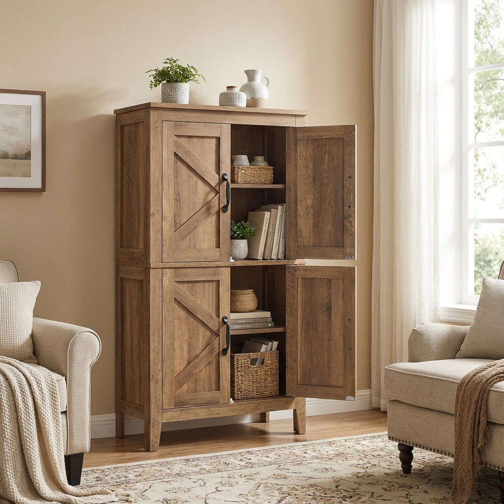 Farmhouse Storage Cabinet, Freestanding Kitchen Pantry with 4 Doors, 23.6 x 11.8 x 43.3 inches, Tan