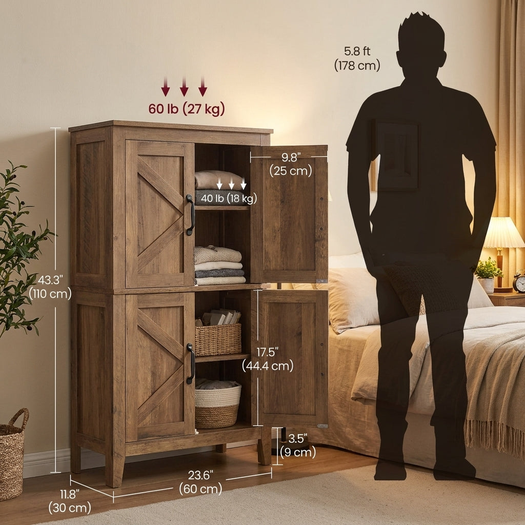 Farmhouse Storage Cabinet, Freestanding Kitchen Pantry with 4 Doors, 23.6 x 11.8 x 43.3 inches, Tan