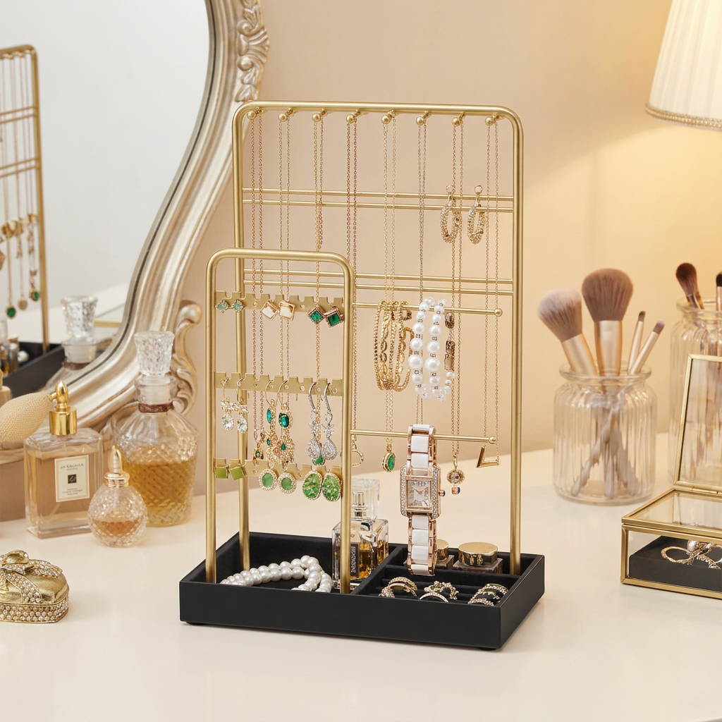 Jewelry Holder, Jewelry Organizer, Jewelry Display Stand with Steel Frame, Flocking Fabric Tray, Necklace Earring Bracelet Holder, for Studs, Rings, Gift, Gold and Black