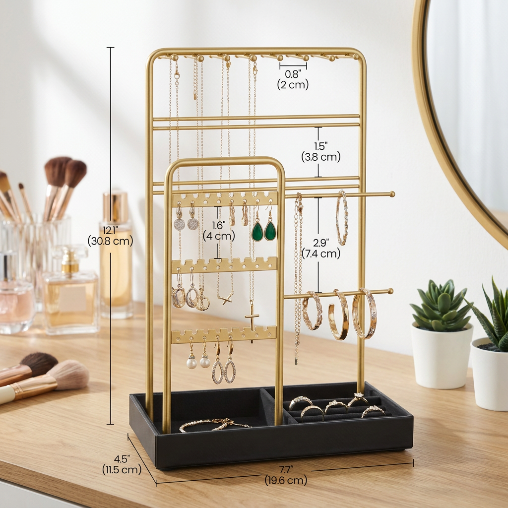 Jewelry Holder, Jewelry Organizer, Jewelry Display Stand with Steel Frame, Flocking Fabric Tray, Necklace Earring Bracelet Holder, for Studs, Rings, Gift, Gold and Black