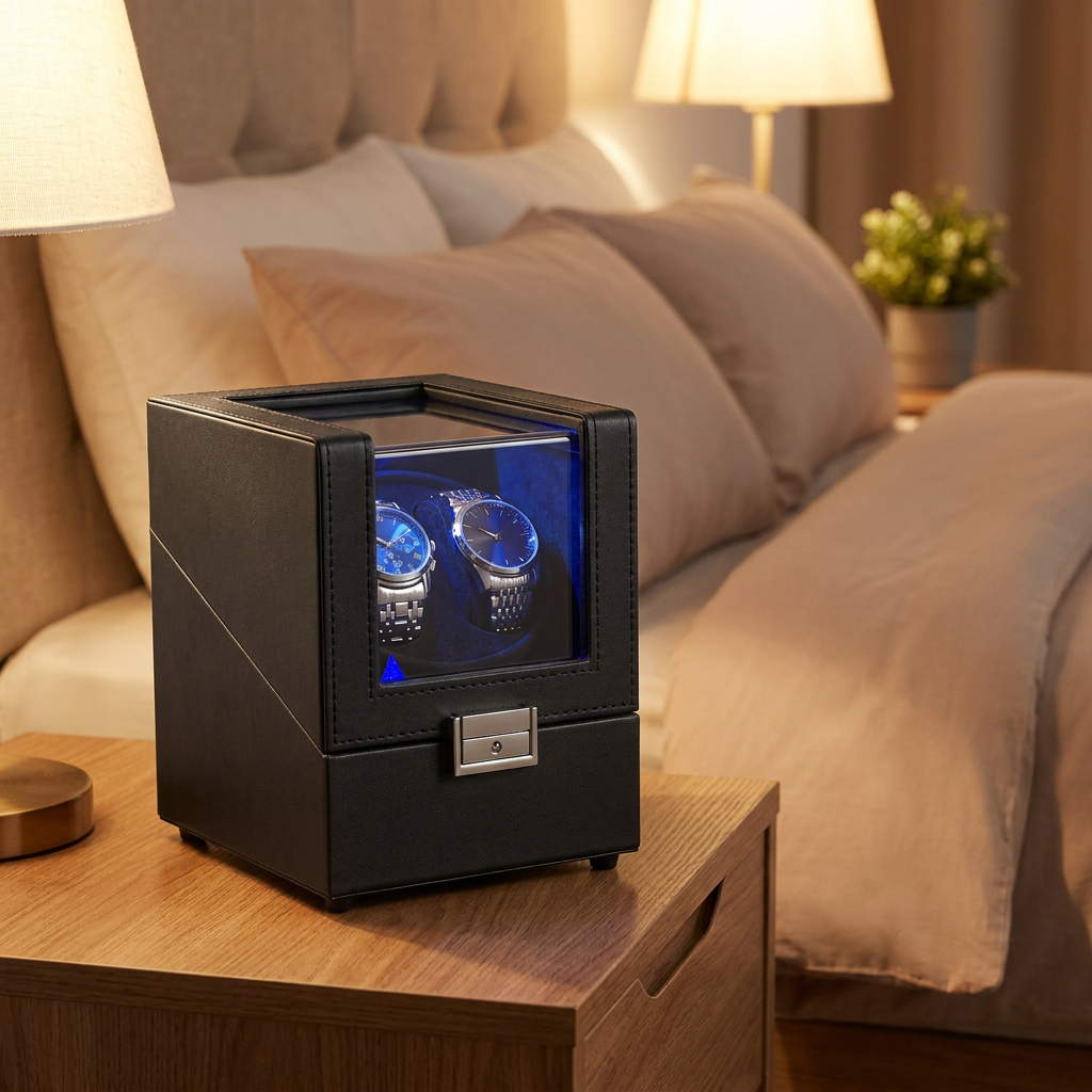 Automatic Single Watch Winder with Quiet Motor and LED Light, 5.6 x 6.3 x 7 Inches, Black