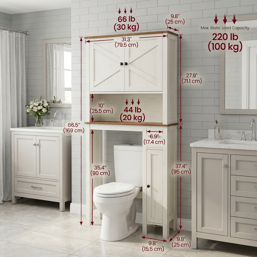 Over the Toilet Storage Cabinet, Farmhouse Bathroom Organizer with Barn Doors, 31.3 x 9.9 x 66.6 Inches, White and Tan