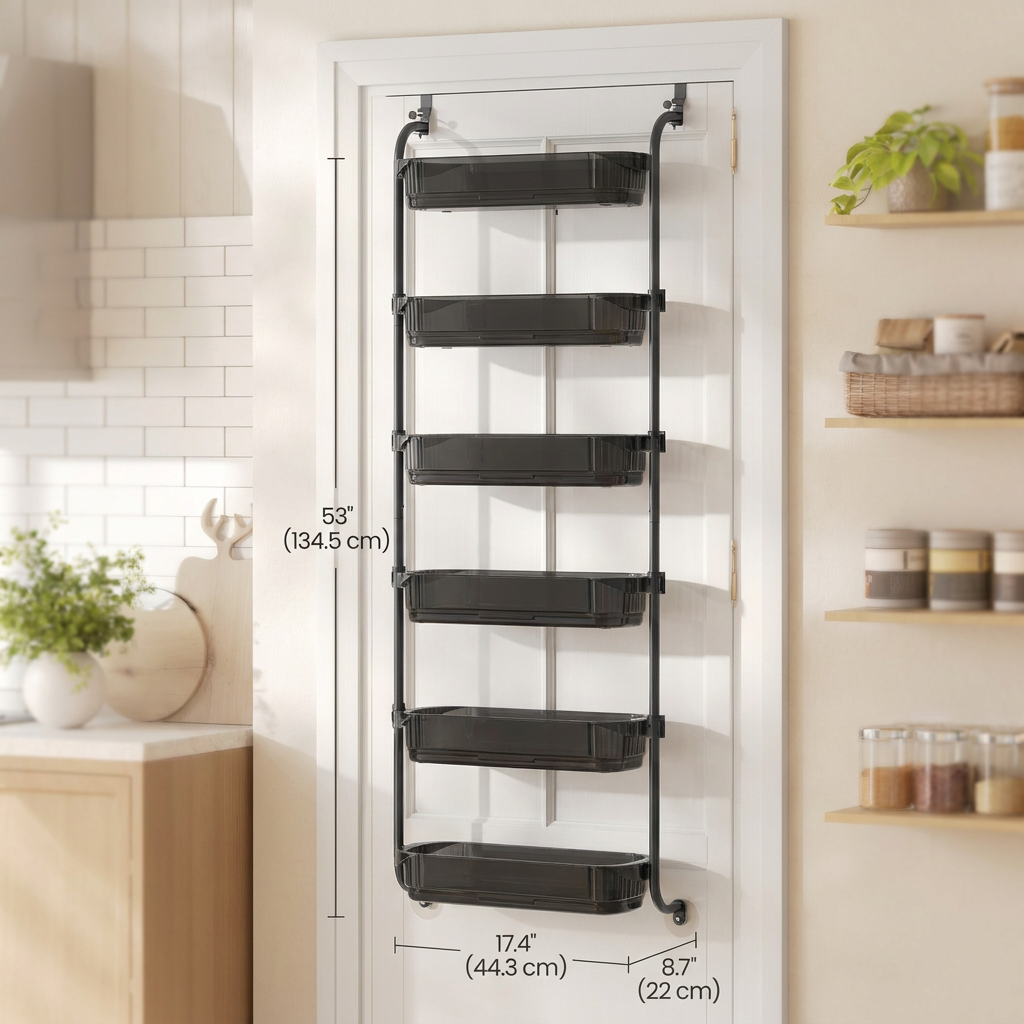 6-Tier Over the Door Spice Rack, Adjustable Seasoning Organizer, 17.4 x 8.7 x 53 inches, Black