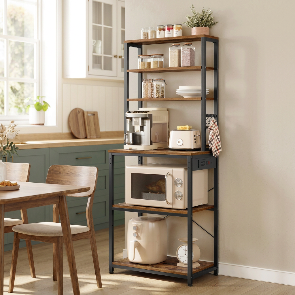 6-Tier Baker's Rack with Adjustable Shelf and 6 Hooks, 23.6 x 15.8 x 66.5 Inches, Yellow and Black
