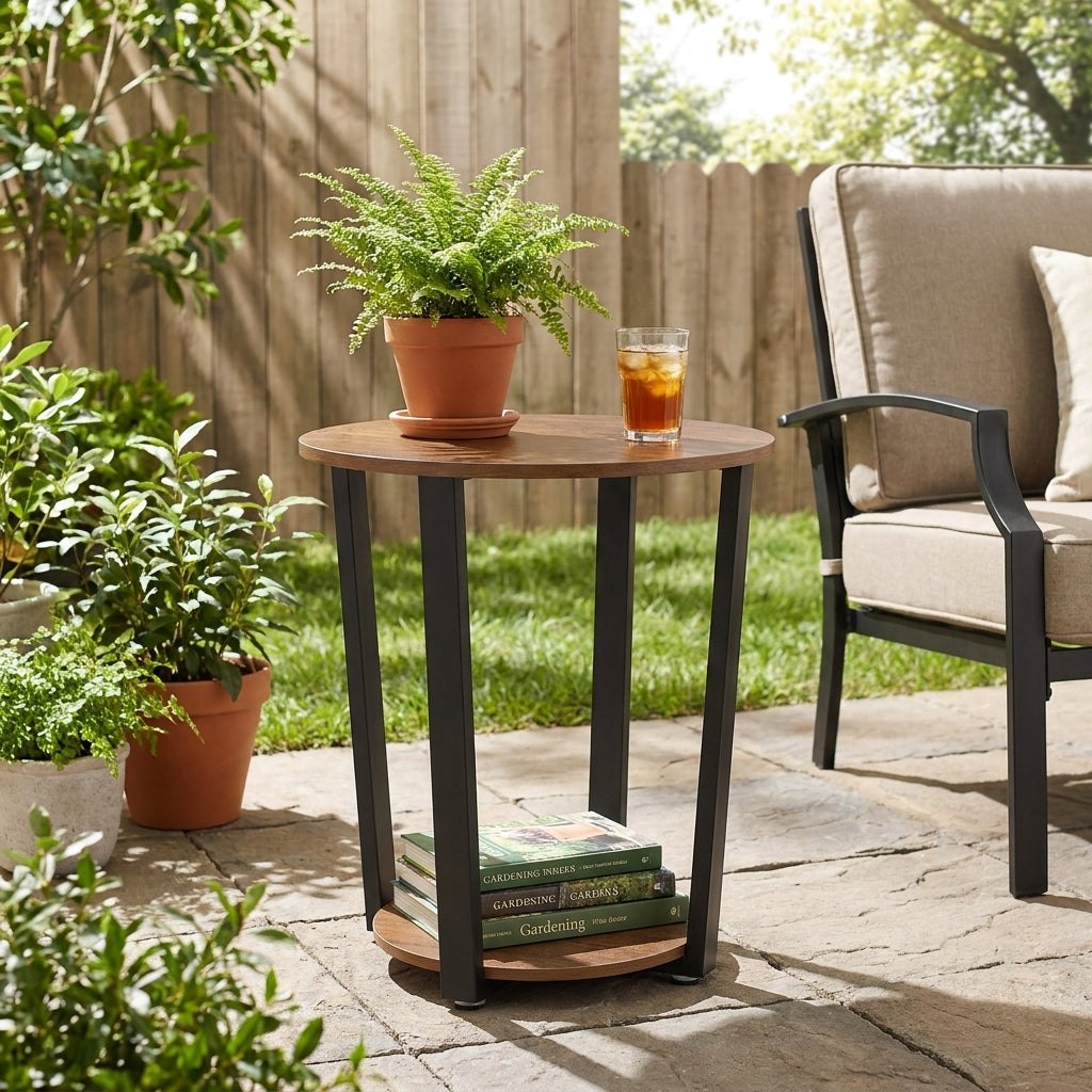 End Table, Small Round Side Table with Storage Shelf, 19.7 x 19.7 x 22.4 inches, Tan and Black