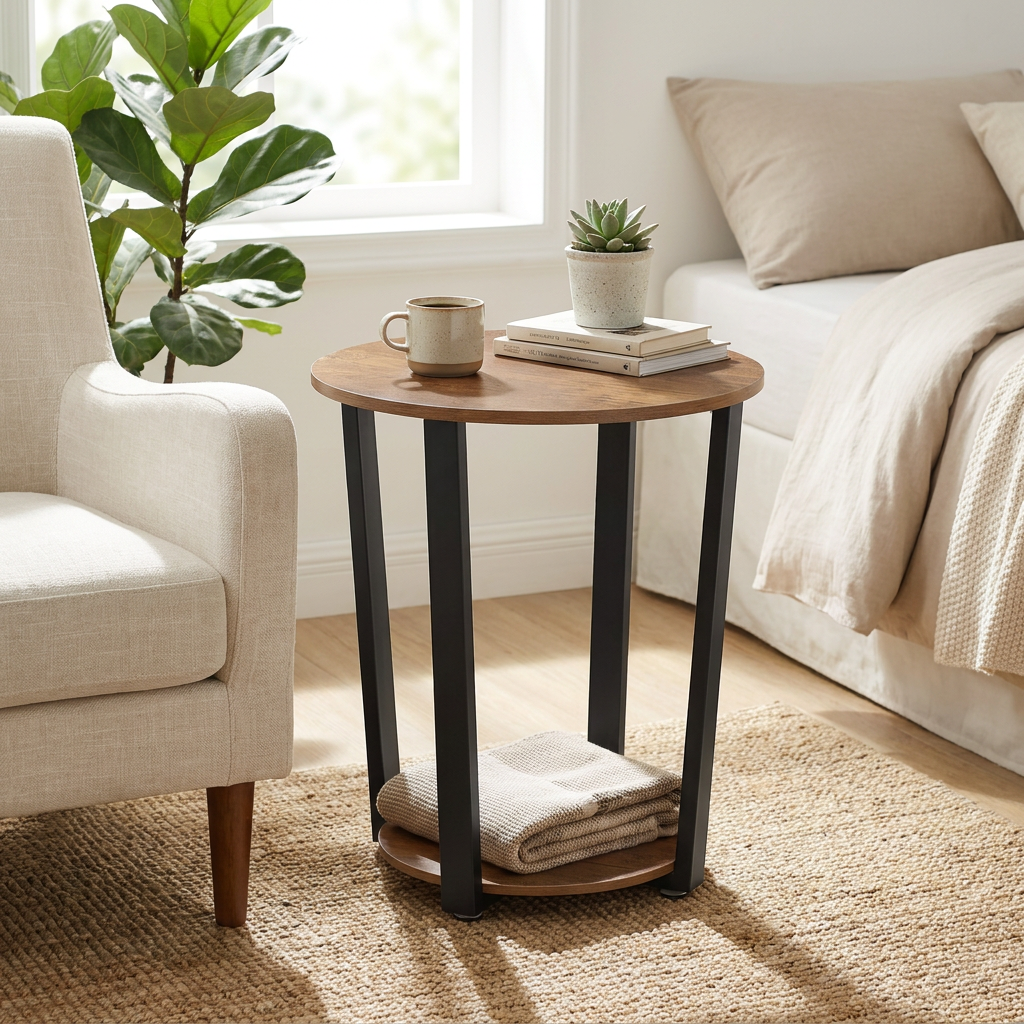 End Table, Small Round Side Table with Storage Shelf, 19.7 x 19.7 x 22.4 inches, Tan and Black