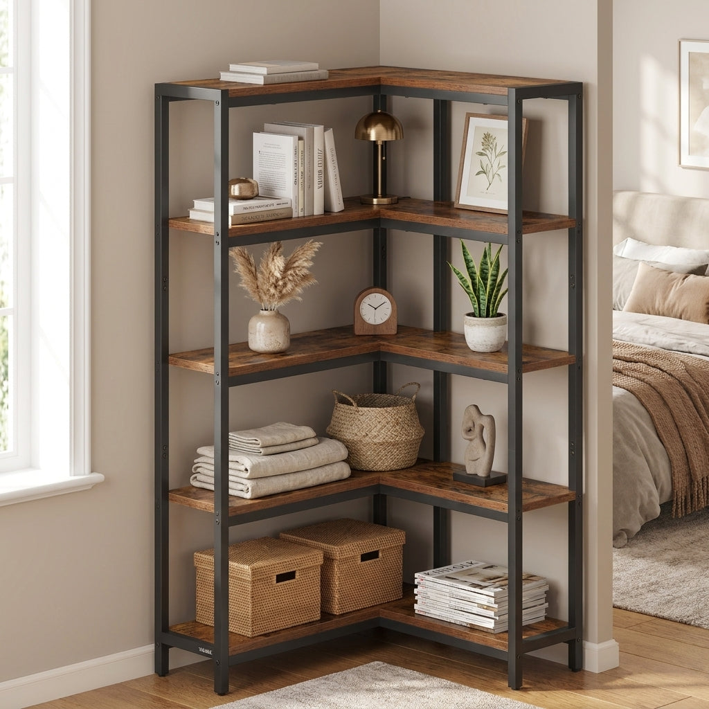 5-Tier L-Shaped Corner Bookshelf Industrial Display Rack 40.2 x 9.4 x 55.9 inches Tan