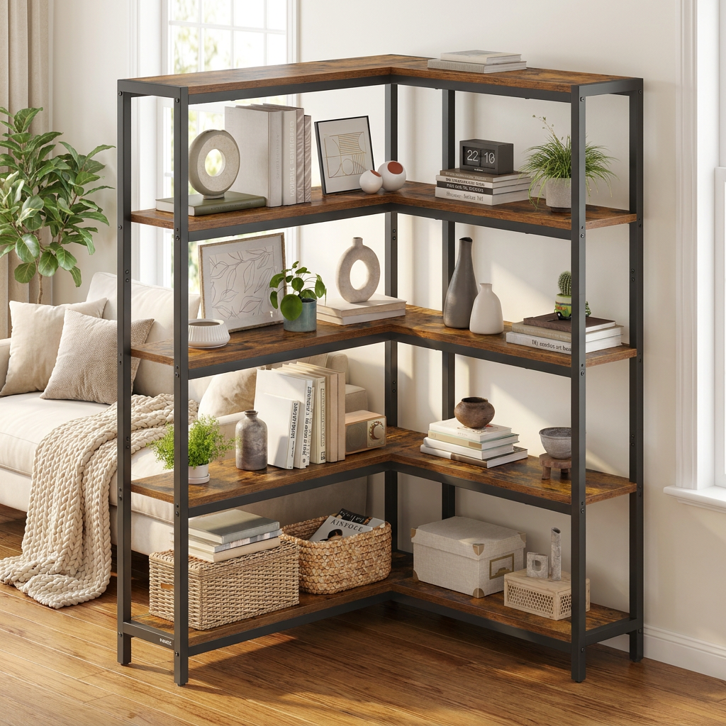5-Tier L-Shaped Corner Bookshelf Industrial Display Rack 52.8 x 9.4 x 55.9 inches Tan