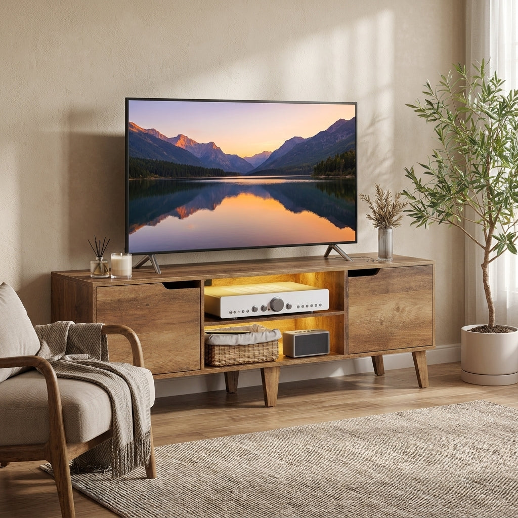 TV Stand for 65 Inch TVs, Media Console with Storage, 57.9 x 15.4 x 19.7 Inches, Yellow Brown