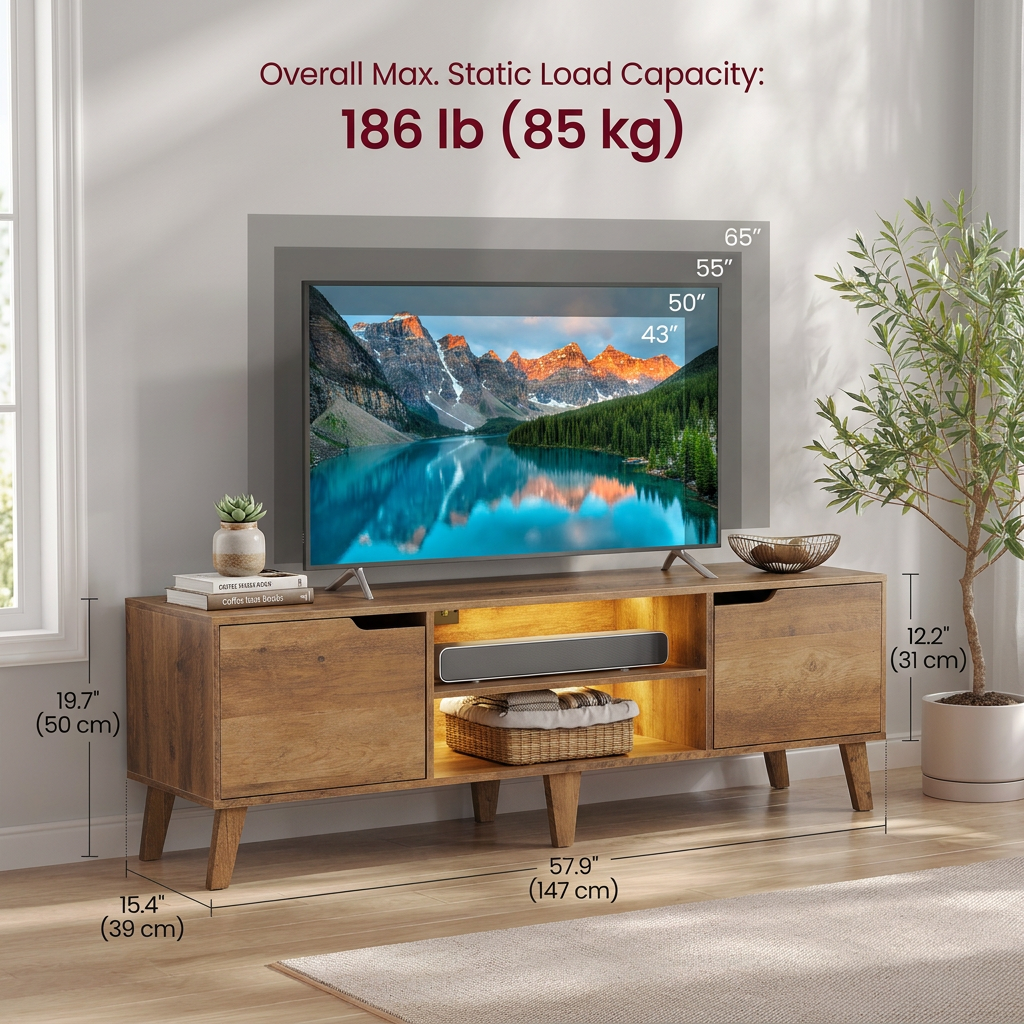 TV Stand for 65 Inch TVs, Media Console with Storage, 57.9 x 15.4 x 19.7 Inches, Yellow Brown