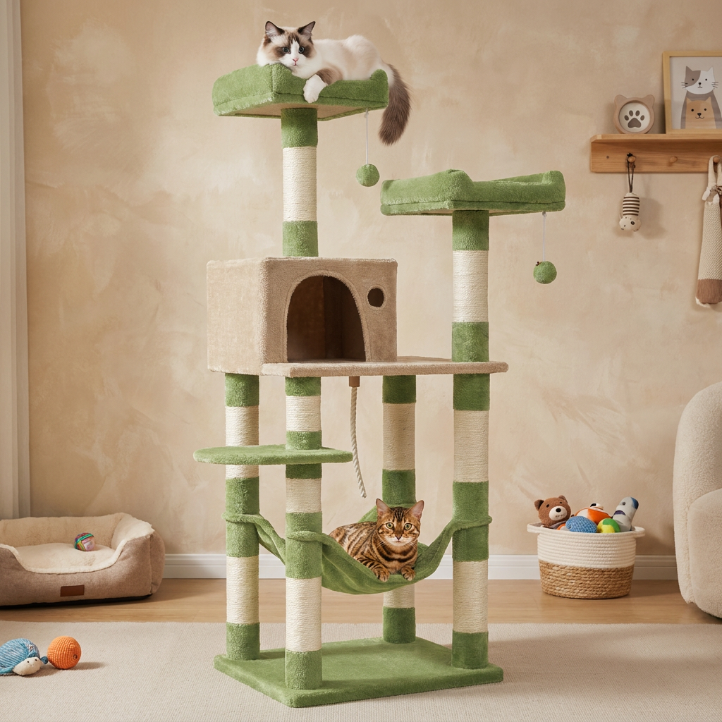 Cat Tree, Multi-Level Cat Condo with 11 Scratching Posts, 2 Perches, Hammock, Green