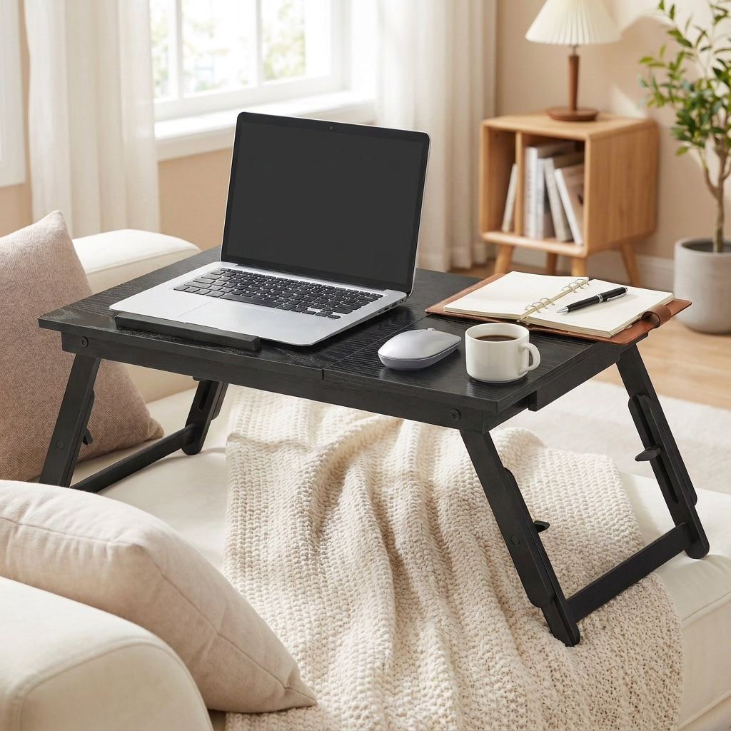 Laptop Desk, Foldable Bed Tray Table with Adjustable Tilting Top, 21.7 x 13.8 x 9.1-12.6 Inches, Black