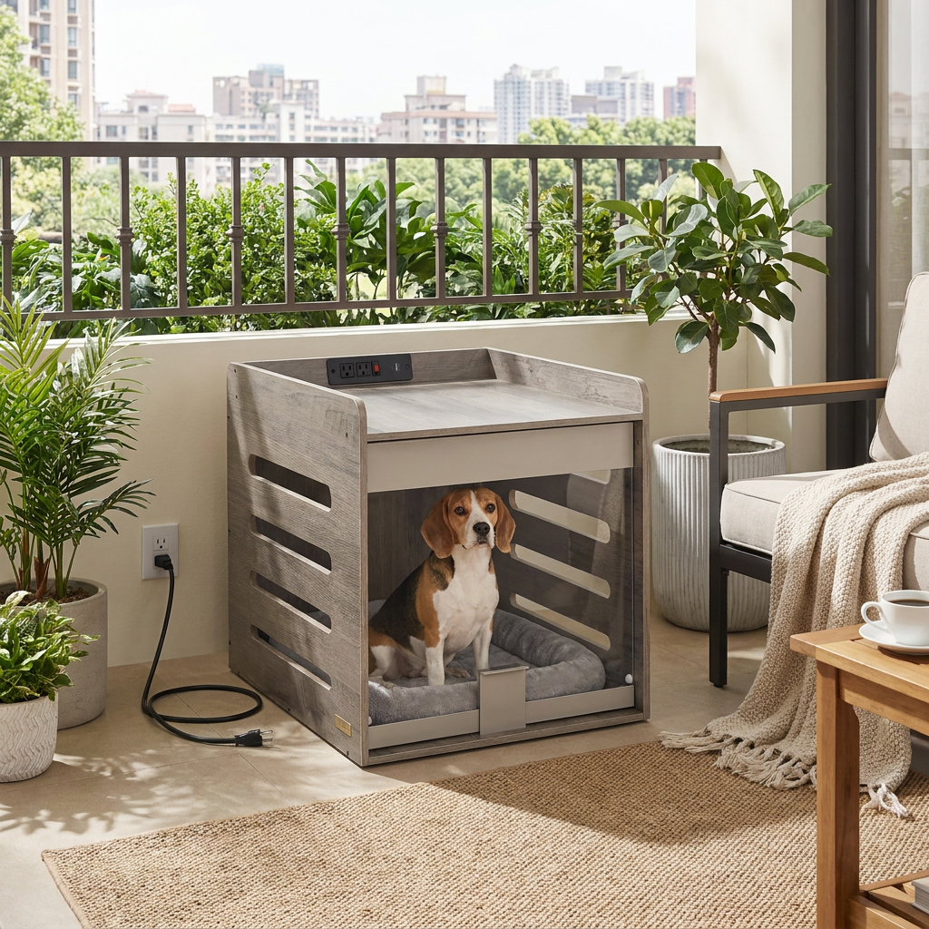 Dog Crate Furniture End Table with Charging Station and Flip-Up Acrylic Door, 27.2 x 20 x 24 inches, Light Ivory