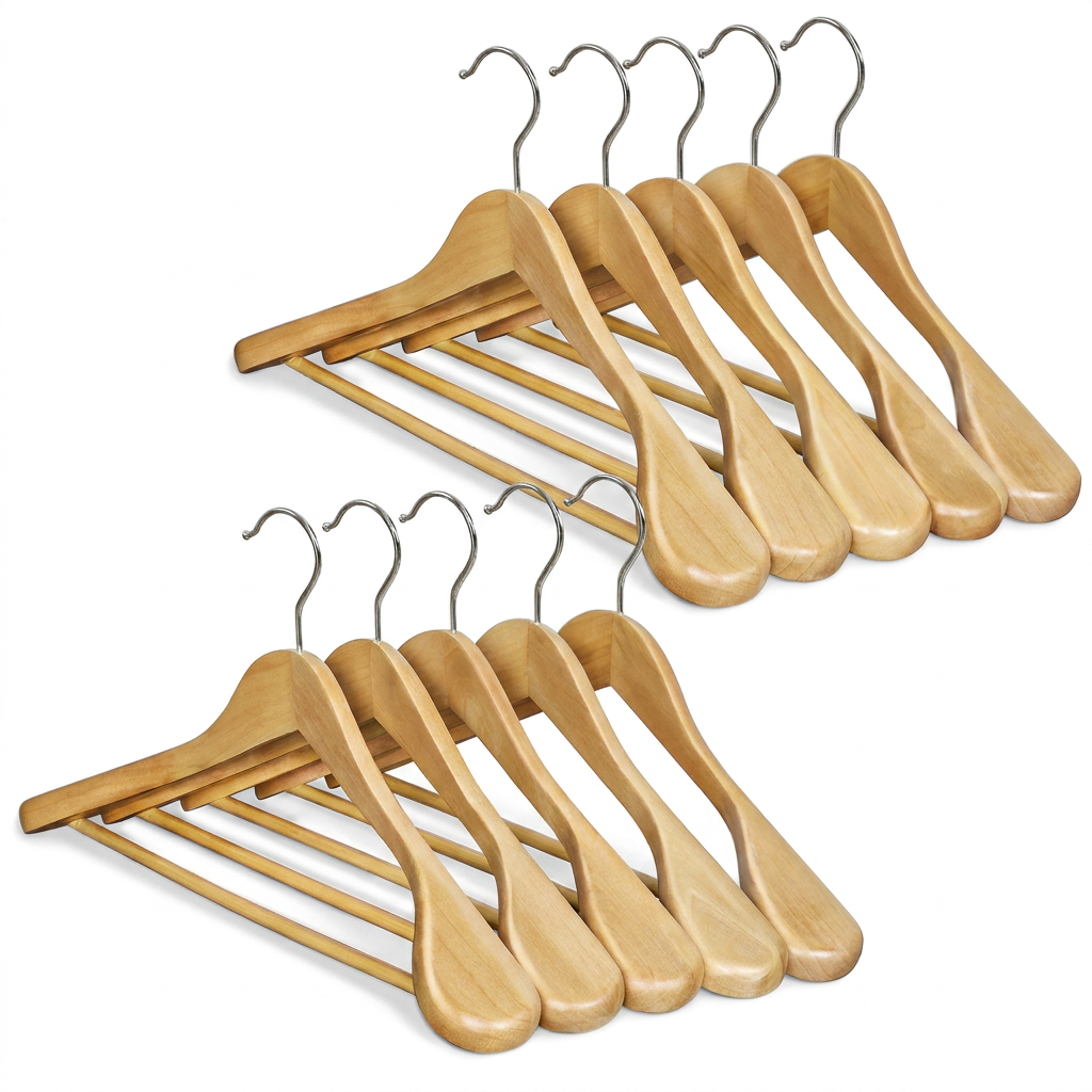 Set of 10 Extra Wide Wooden Suit Hangers, Contoured Shoulder Support, Swivel Hooks, Non-Slip Bars, for Coats Shirts, Natural