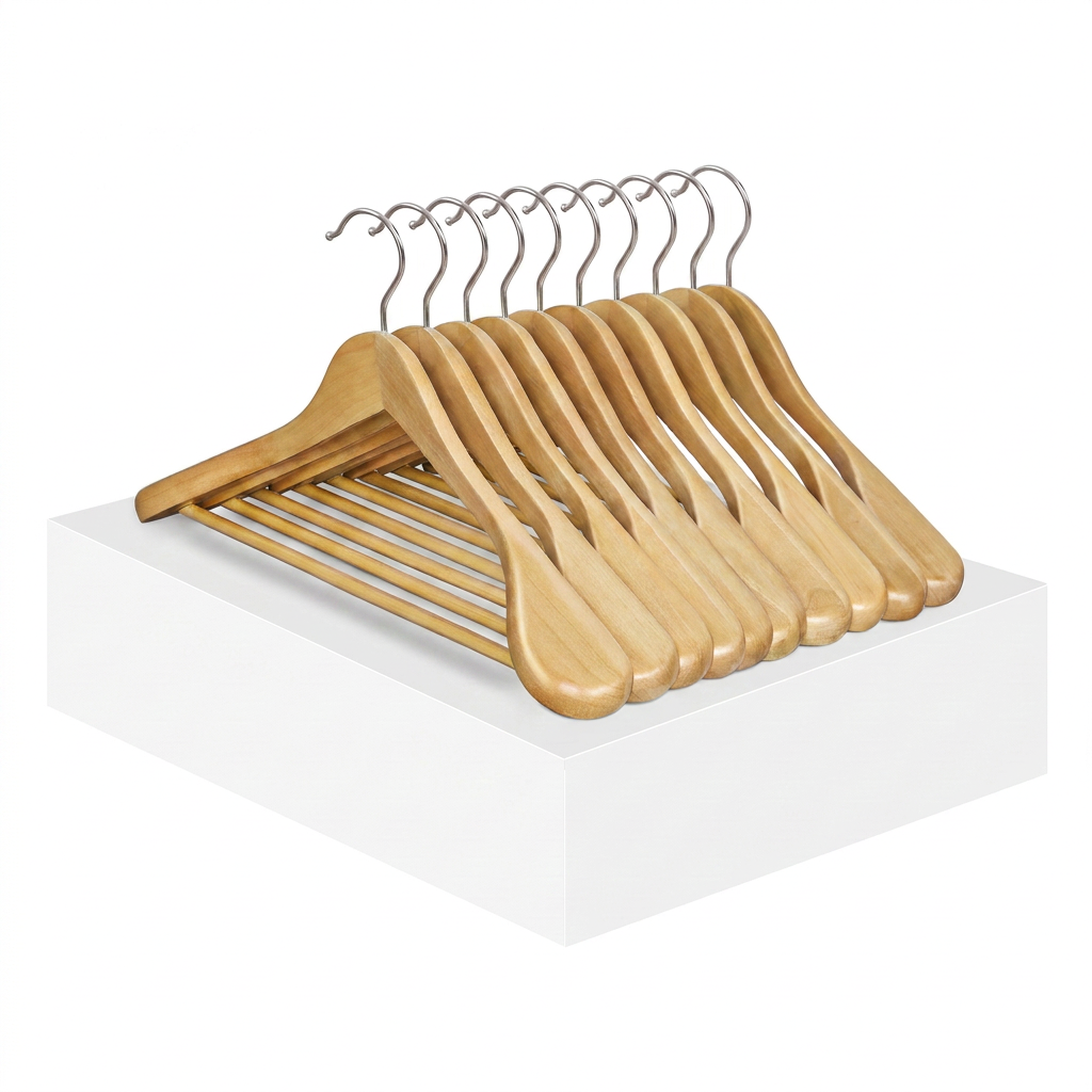 Set of 10 Extra Wide Wooden Suit Hangers, Contoured Shoulder Support, Swivel Hooks, Non-Slip Bars, for Coats Shirts, Natural
