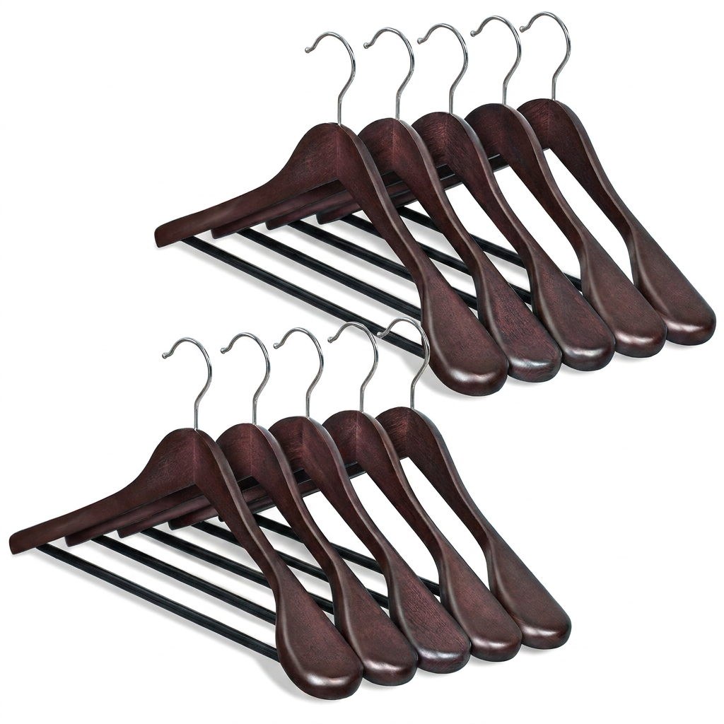 Set of 10 Extra Wide Wooden Suit Hangers, Contoured Shoulder Support, Swivel Hooks & Non-Slip Bars, Mahogany