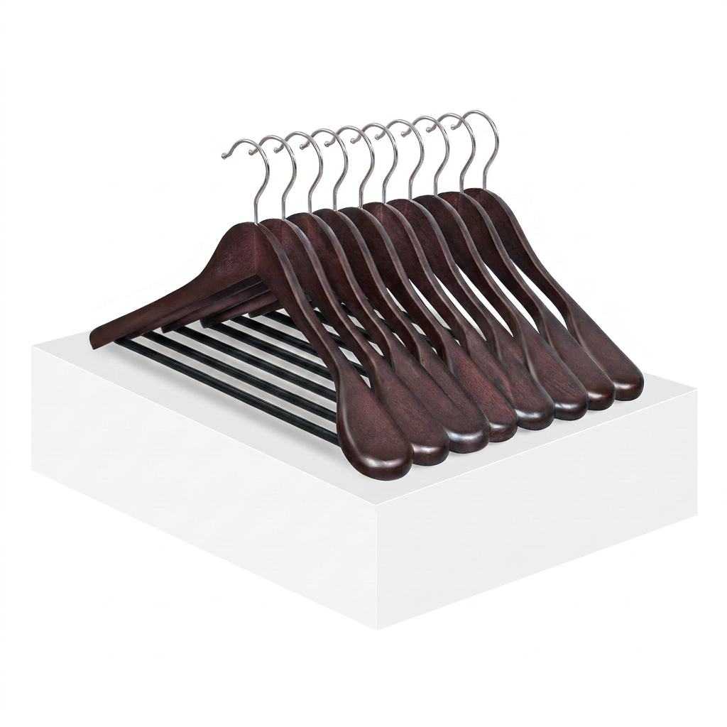 Set of 10 Extra Wide Wooden Suit Hangers, Contoured Shoulder Support, Swivel Hooks & Non-Slip Bars, Mahogany
