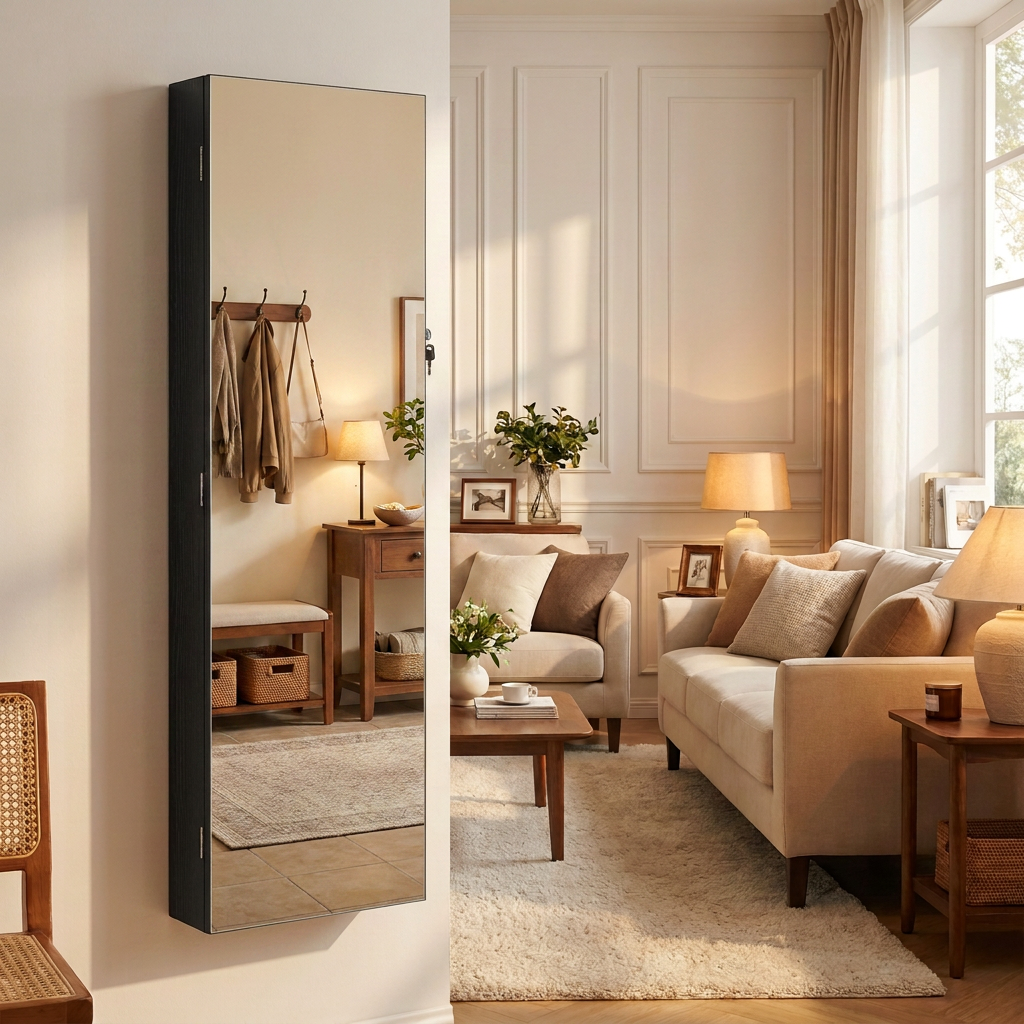 55.1-Inch Tall Spacious Jewelry Cabinet, Jewelry Armoire with Light-Up Interior Mirror, Wall or Door Mounted Jewelry Storage Organizer, Lockable, Gift, Black