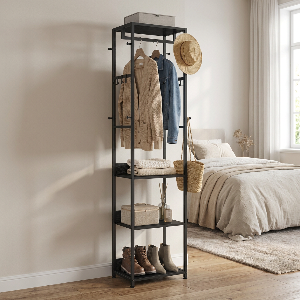 Freestanding Clothes Rack with 4-Tier Shelves, Shoe and Coat Rack, 18.5 x 12 x 70.9 inches, Black