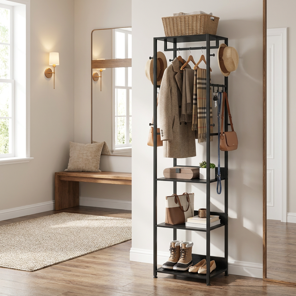 Freestanding Clothes Rack with 4-Tier Shelves, Shoe and Coat Rack, 18.5 x 12 x 70.9 inches, Black