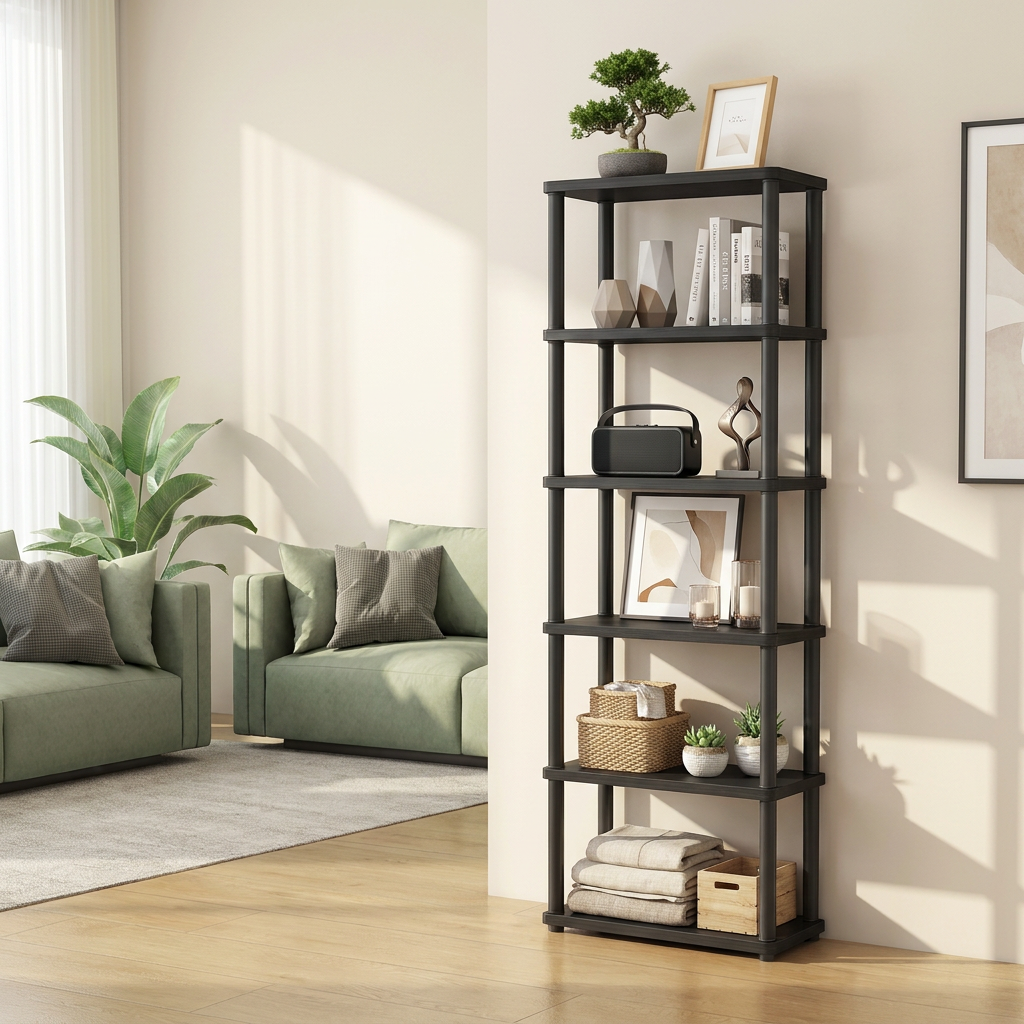 6-Tier Shelf with Toolless Assembly, Slim Standing Bookshelf for Living Room Bedroom Kitchen, Wood Grain Black & Ink Black