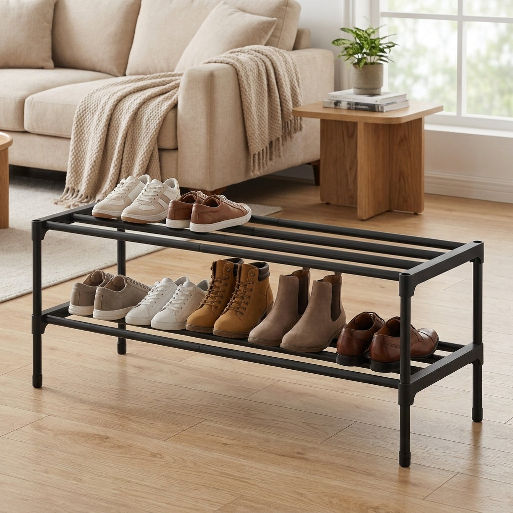 2-Tier Shoe Rack, Metal Entryway Organizer, Small Shoe Storage for Closet, 24.5 x 11.8 x 14.6 Inches, Black