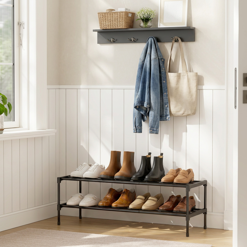 2-Tier Shoe Rack, Metal Entryway Organizer, Small Shoe Storage for Closet, 24.5 x 11.8 x 14.6 Inches, Black
